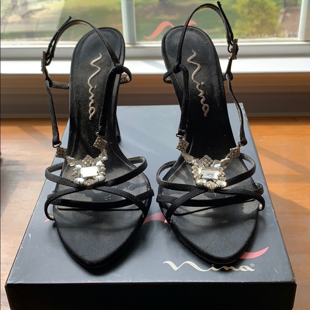 Nina Black Satin Rhinestone Strappy Sandals